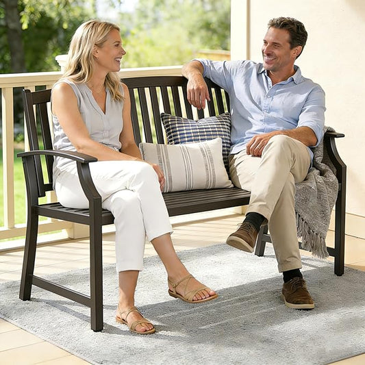 Grand patio 52" Farmhouse Outdoor Bench, Garden Benches with Anti-Rust Aluminum Powder Coated Frame, Faux Wood Grain Finish Frame Patio Bench for Front Porch, Northwoods Brown