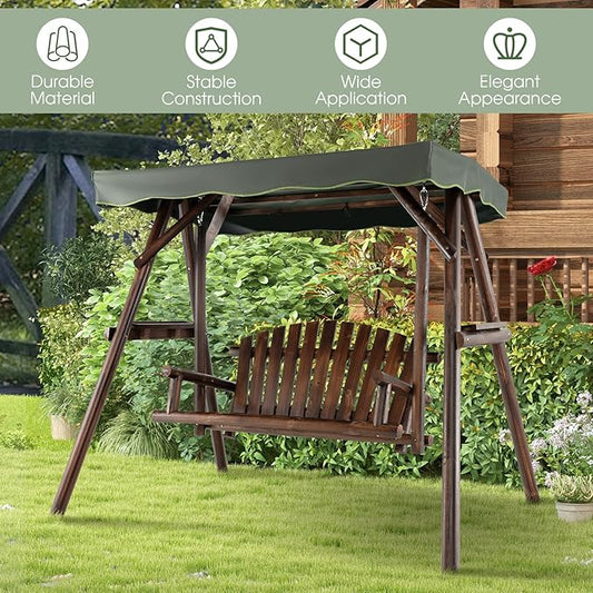 Tangkula Wooden Porch Swing, 2 Person A-Frame Outdoor Swing with Adjustable Canopy, Armrest, 2 Side Tables, Outdoor Swing with Wood Stand for Garden, Backyard, Deck, Poolside (Rustic)