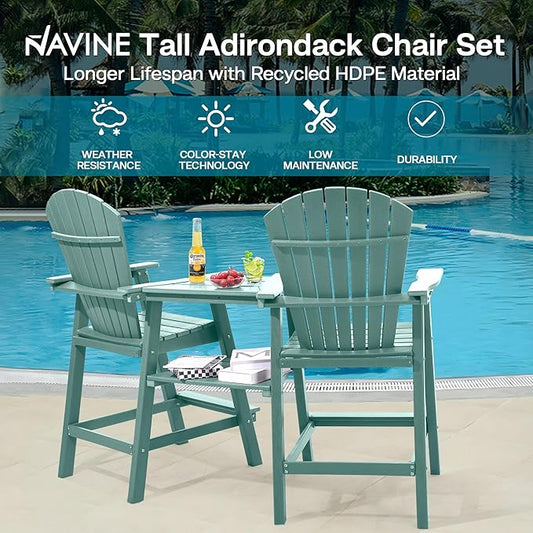 Tall Adirondack Chairs Set of 2, HDPE Balcony Chair with Double Connecting Tray, Weather Resistant Outdoor Adirondack Bar Stools for Patio, Deck, Patio, Backyard, Balcony.(Lake Blue)