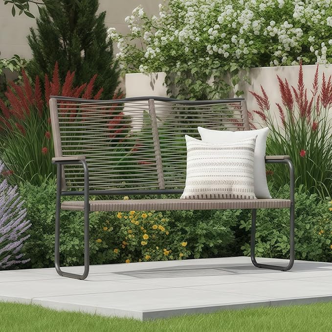 AECOJOY Outdoor Garden Bench, Weatherproof Wicker Outside Benches Clearance, Black Patio Loveseat with Backrest Armrests for Lawn Yard Porch Work Entryway (Brown Vine Back)