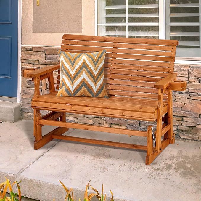 VINGLI Outdoor Glider Wood Patio Chair with Cup Holders, Outdoor Bench Glider Loveseat with Smooth Rocking Mechanism, Heavy Duty 800 LBS