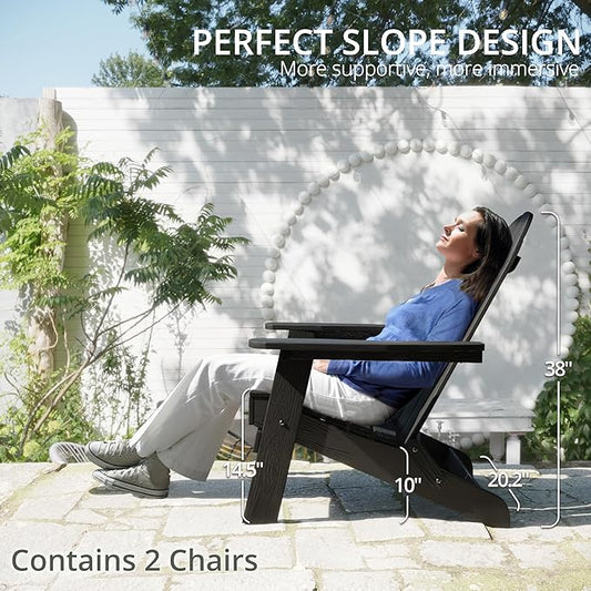 LUE BONA Folding Adirondack Chair Set of 2, Black HDPS Fire Pit Patio Chairs Weather Resistant, Modern Plastic Outdoor Chairs with Cup Holder