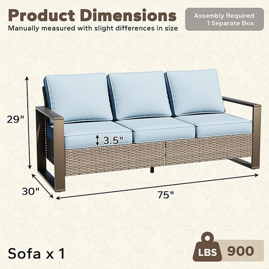 75" Patio Metal Wicker Sofa, All Weather Outdoor Rattan 3-Seat Sofa Couch with Premium Cushions & Rectangular Framed Wood-Looking Metal Armrest for Garden Backyard Porch Deck, Baby Blue
