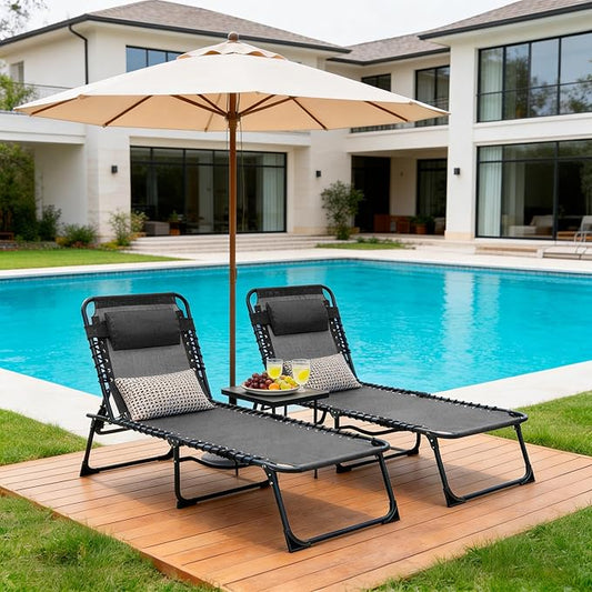 Folding Chaise Lounge Chair, Patio Teslin Tanning Chair, Outdoor Chaise Lounger with 5-Position Reclining Back, Breathable Mesh Seat for Beach, Poolside, Patio Sunbathing