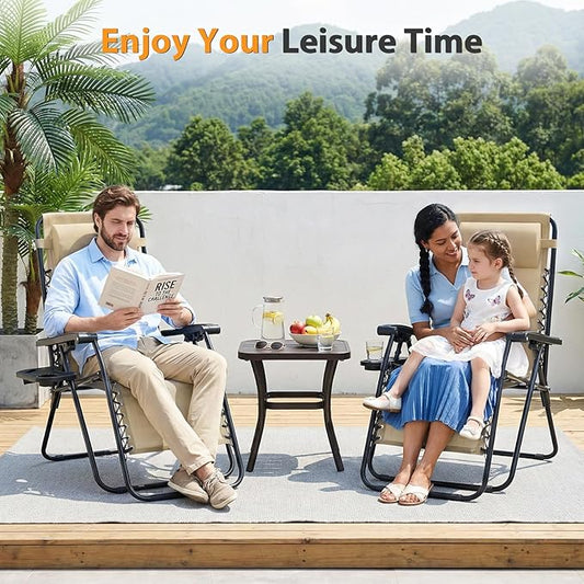 NEWBULIG Zero Gravity Chair Set of 2, Lounge Chair Folding Portable Adjustable Camping Reclining Chairs with Adjustable Pollow, Mesh Back, Cup Holder Trays Lawn Patio Chair for Pool Beach - Khaki