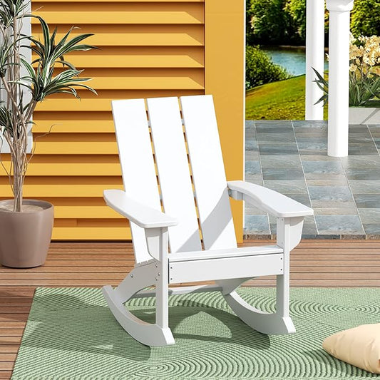WestinTrends Ashore Patio Rocking Chair, All Weather Poly Lumber Plank Adirondack Rocker Chair, Modern Farmhouse White Rocking Chairs for Porch Garden Backyard and Indoor