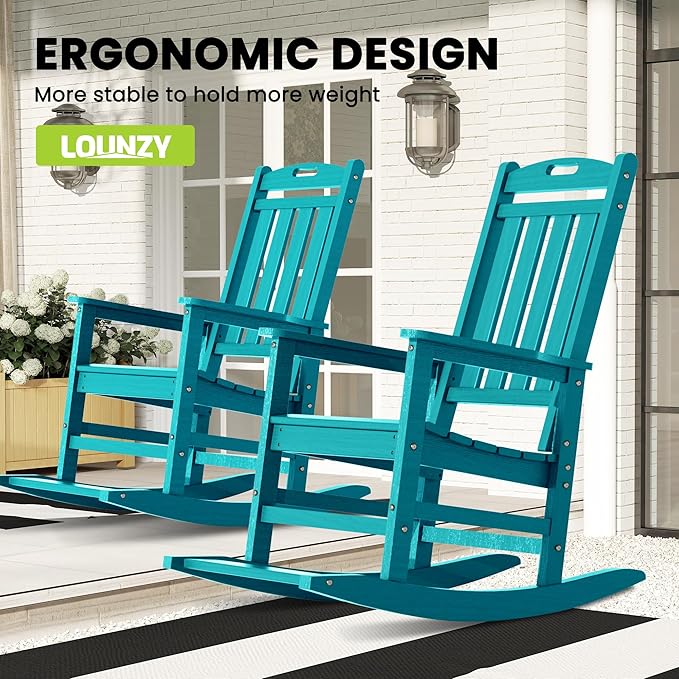 LOUNZY Outdoor Rocking Chair with Footboards Set of 8, HDPE Rocking Chair Patio Porch Rocker with 380lbs Support for Adult, Aruba