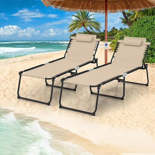 GYMAX Lounge Chair for Outside, 440lbs 27” Oversize Folding Beach Tanning Sunbath Chair with Adjustable Backrest & Removable Pillow, Lightweight Portable Patio Lounger for Lawn Poolside (Sand,1)