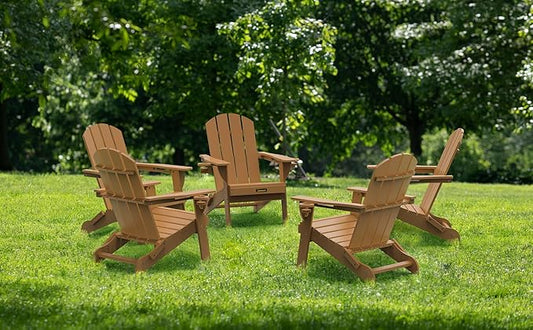 Folding Adirondack Chair Set of 4, Wooden Textured Plastic Adirondack Chairs with 2 Cup Holder, Weather Resistant HDPE Fire Pit Chair, Outdoor Patio Chairs for Garden, Backyard, Lawn, Deck, Teak