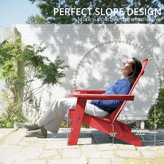 LUE BONA Folding Adirondack Chair Set of 4, Bright Red HDPS Fire Pit Patio Chairs Weather Resistant, Modern Plastic Outdoor Chairs with Cup Holder