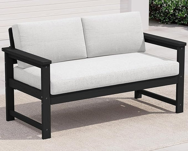 SERWALL Black HDPE Outdoor Loveseat with Khaki Cushions, All Weather Use Outdoor Loveseat Sofa - Photo 1