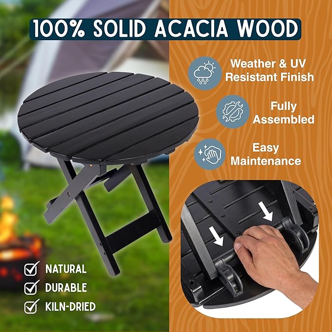 Shine Company Indoor/Outdoor Adirondack Round Folding Acacia Wooden Side Table, Black