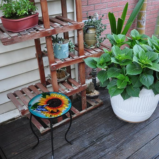 Patio Side Table Outdoor Accent Table Mosaic Coffee Side Table Glass Round Small Table Plant Stand for Indoor Garden Balcony