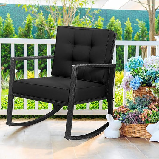 Tangkula Wicker Rocking Chair, Outdoor Glider Rattan Rocker Chair with Heavy-Duty Steel Frame, Patio Wicker Furniture Seat with 5” Thick Cushion for Garden, Porch, Backyard, Poolside (2, Black)