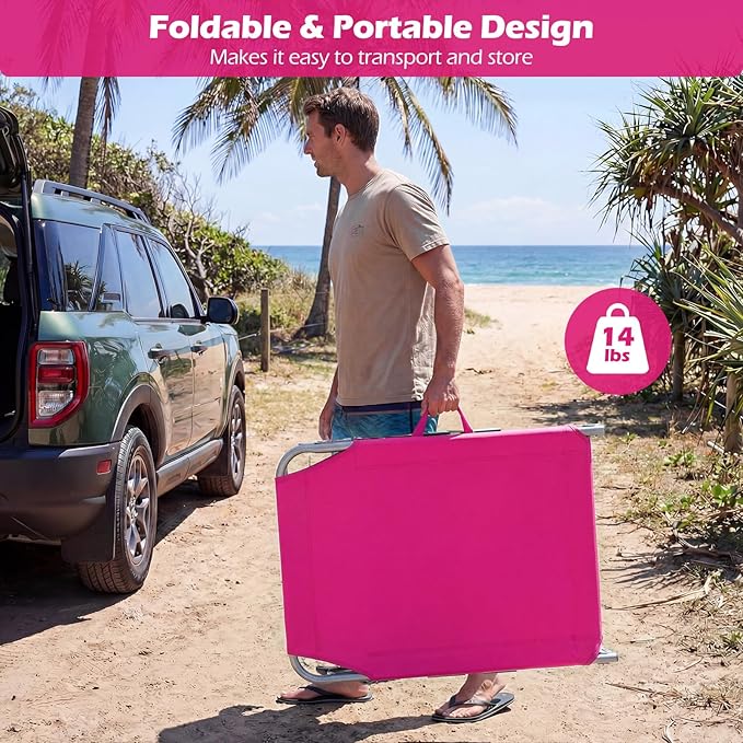 COSTWAY Tanning Chair with Face Hole, Folding Beach Lounge Chair with 4-Position Adjustable Backrest, Pillow & Side Pocket, Foldable Chaise Lounge Chair Outdoor for Sunbathing, Camping (1, Pink)