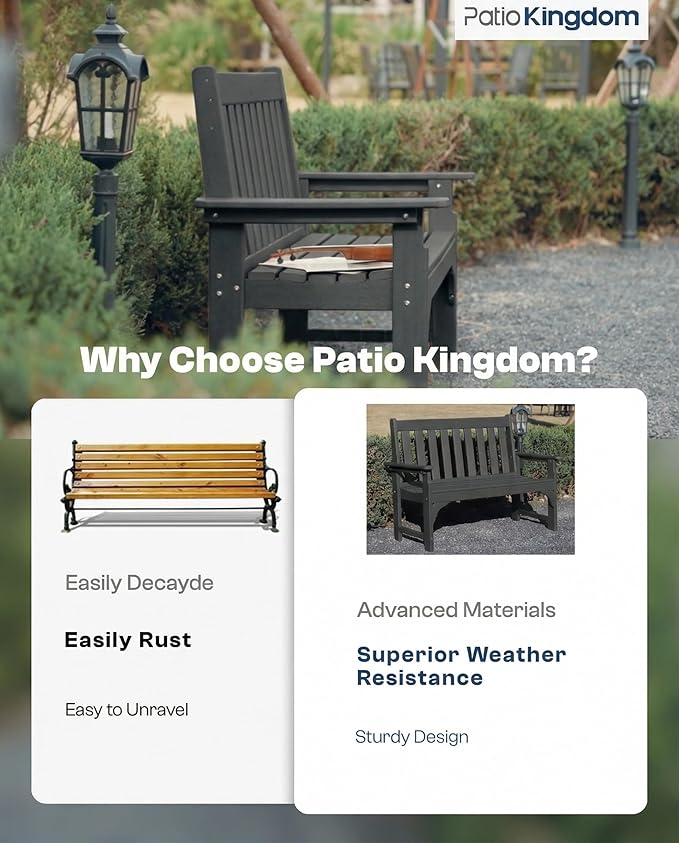 HDPE Garden Bench, All Weather 2-Person Outdoor Benches, Rust Free & Fade Resistant Patio Benches for Garden, Porch, Backyard, Deck, Lawn, Balcony, Poolside (Black, 1 Beach)