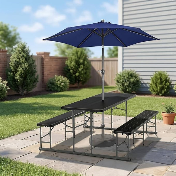 VINGLI Folding Picnic Table and Bench Set with Umbrella, Portable Outdoor Dining Furniture for Camping, Patio, Backyard - Photo 1