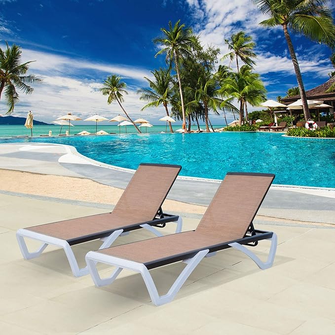 Domi Chaise Lounge Outdoor, Patio Lounge Chair with Aluminum Frame, All Weather Pool Lounge Chair for Deck Lawn Backyard, Brown Textilene