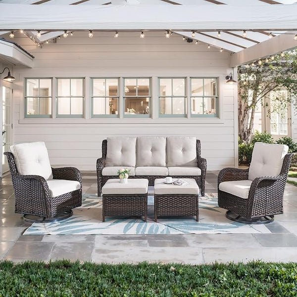 Belord 5 Piece Wicker Patio Furniture Set, Outdoor Swivel Rocker Chairs Set of 2 with Ottomans and 3 Seater Sofa - Photo 1