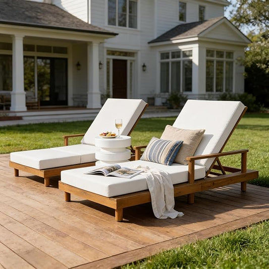 Merax Acacia Wood Outdoor Chaise Lounge Chair Set of 4, 3-Position Adjustable Backrest & 4" Thick 3-Fold Removable Cushion, 76.8" L Modern Patio Sun Lounger for Garden Pool Beach Yard, Cream+Teak