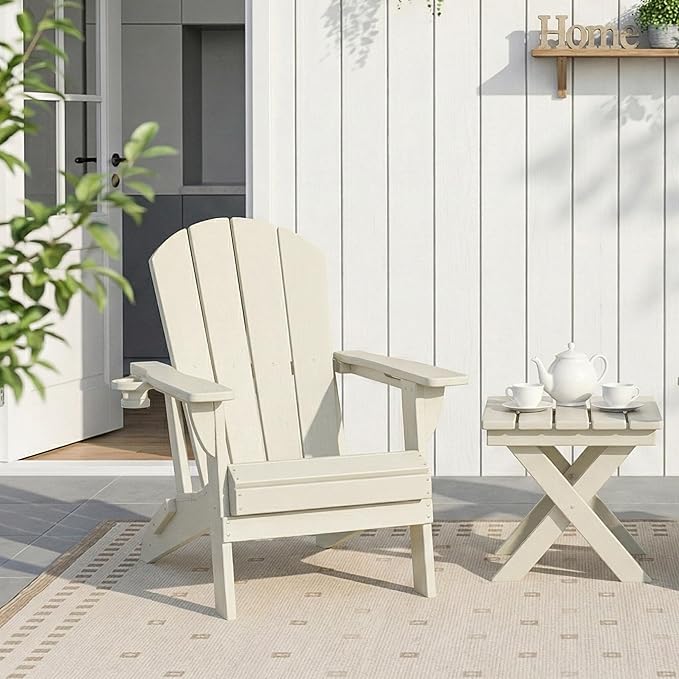 Kingdura Foldable Adirondack Chair, Portable HDPE All Weather Resistant Outdoor Patio Chair, Wooden Textured with Cup Holder, 380LBS Capacity for Poolside, Backyard, Deck, Fire Pit (White)