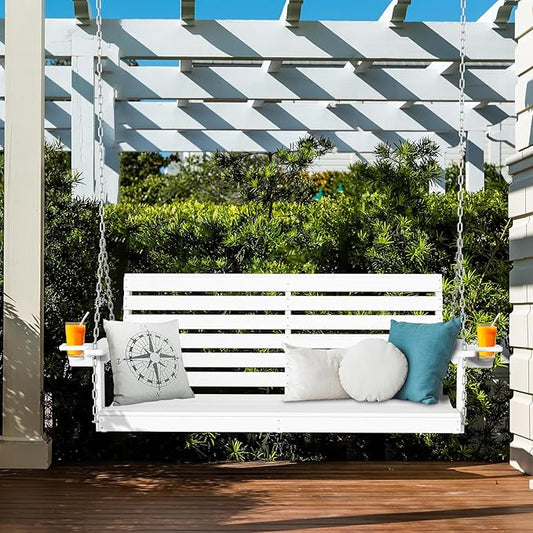 Plawdlik Porch Swings,2 Seat Patio Chair with Two Cup Holders,HDPE Waterproof Bench for Courtyard-White