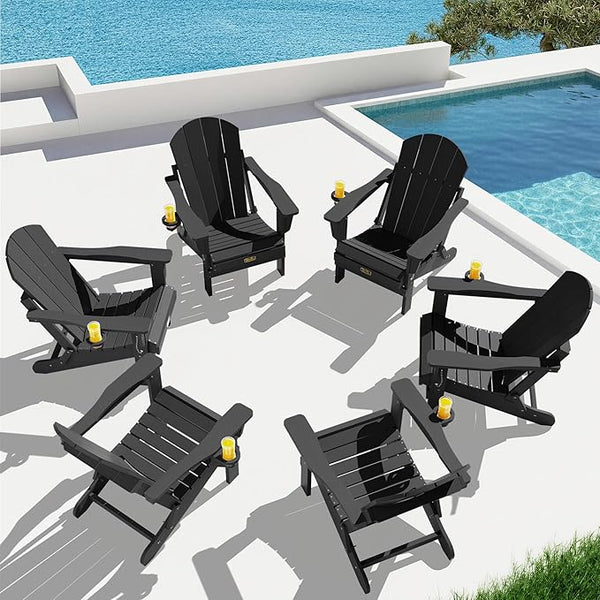 SERWALL Folding Adirondack Chair Set of 6, Weather Resistant HIPS Lawn Chairs with Cup Holder for Backyard, Garden - Photo 1