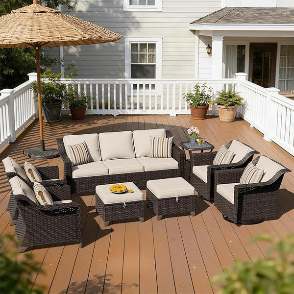 8 Pieces Patio Conversation Furniture Set - 1 Sofa, 2 Ottomans, 2 Armchairs, 2 Swivel Chairs, 1 Side Table - Photo 1