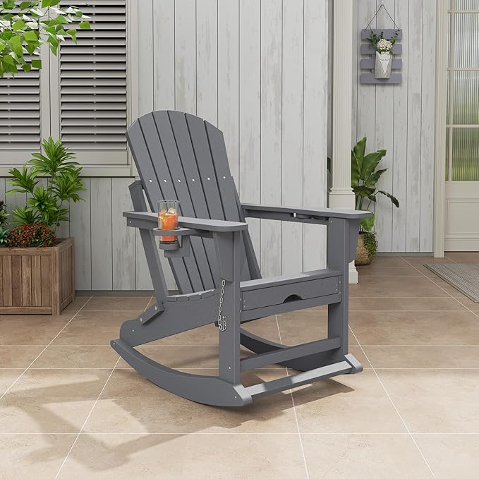 PeakPursuit Adirondack Outdoor Rocking Chairs with Two Cup Holders, HDPE All Weather Outdoor Adirondacks Rocking Chair with Retractable Ottoman
