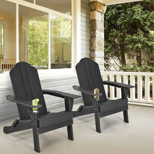 Tangkula Outdoor Folding Adirondack Chair, HDPE Armchairs with Cup Holder, Weather Resistant Lounger Chair for Patio Garden Fire Pit Backyard, Lawn Porch Seating, Adirondack Lounger (1, Black)