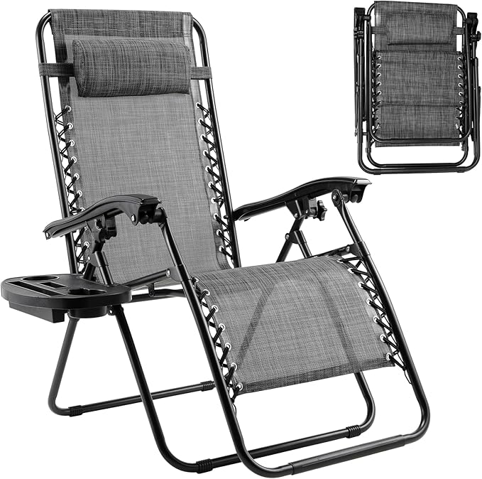 TLSUNNY Zero Gravity Chair Set of 2, Outdoor Folding Lounge W/Detachable Headrest & Holder Tray, Adjustable Textilene Lawn Reclining, No Assembly Required, for Patio, Garden, 330LBS (2, Grey)