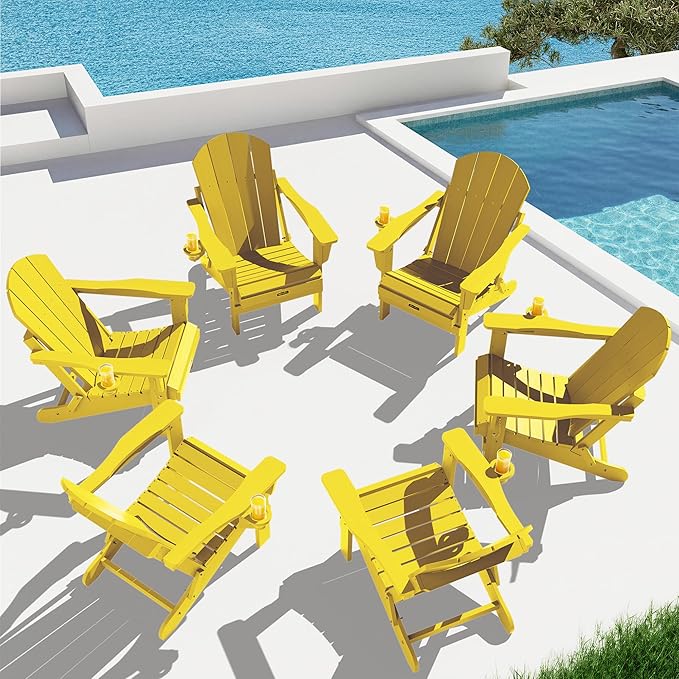 SERWALL Foldable Adirondack Chair Set of 4, Weather Resistant HIPS Patio Chairs with Cup Holder for Garden Outdoors-Lemon