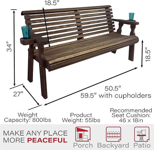 Amish Casual Heavy Duty Pressure Treated 4 Foot Outdoor Garden Bench with Cup Holders - Amish Crafted Roll Back Design in Dark Walnut Stain, 700 Lb Weight Capacity