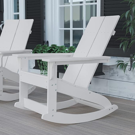 Flash Furniture Finn Modern Commercial Grade Poly Resin Wood Adirondack Rocking Chair - All Weather White Polystyrene - Dual Slat Back - Stainless Steel Hardware