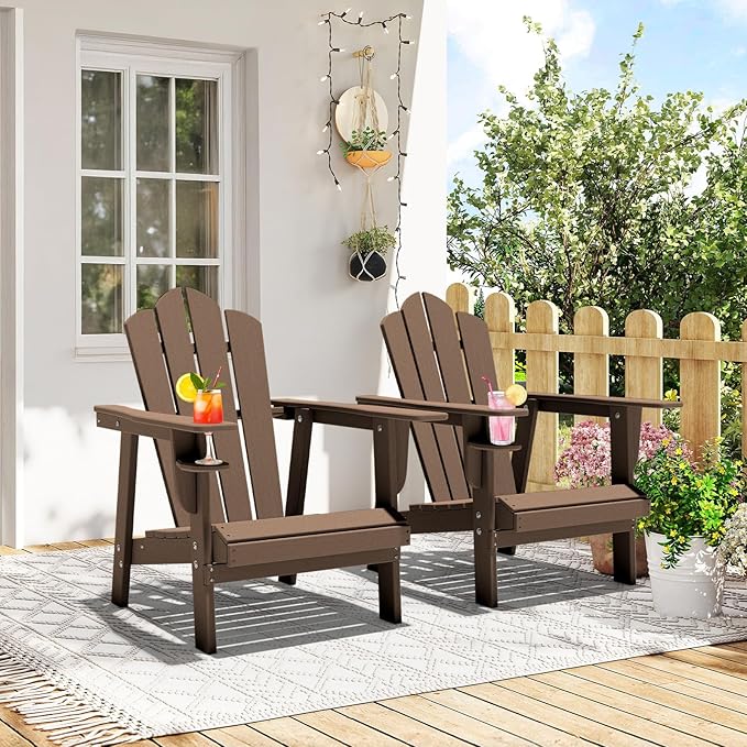 PROHIKER Adirondack Chair with Cup Holder, HDPE Outdoor Patio Chair All Weather Outdoor Chairs for Lawn Garden Porch Backyard, Plastic, Brown