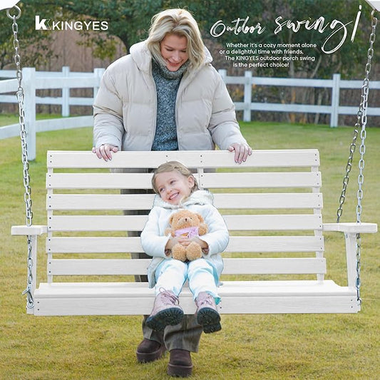 KINGYES Outdoor Hanging Porch Swing, Waterproof Swing with Cup Holders for Courtyard & Garden, 660LBS Weight Capacity, White