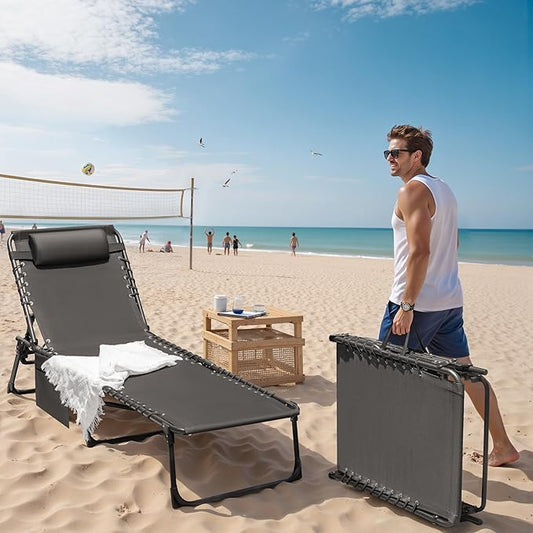 Devoko Lounge Beach Chair for Adults, Outdoor Sun Tanning Chair, Portable Folding Camping Lay Chaise Lounge Chairs for Outside Beach Pool Reading, Sunbathing (1, Gery)