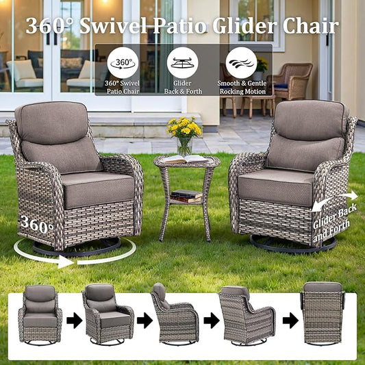 Luxury Outdoor Swivel Rocker Patio Chairs Set of 5, High Back Swivel Patio Chairs with Side Table & 6" Thick Cushions, Ottomans, Wicker Outdoor Bistro Set for Porch, Yard, Deck, Poolside, Grey