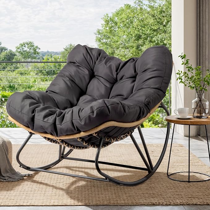 VINGLI Papason Rocking Chair Outdoor, Patio Rocking Chair with Cushion, Comfortable Lounge Chair Weatherproof for Garden, Yard, Outdoor/Indoor, Grey