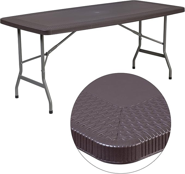 Flash Furniture Elon 5.62-Foot Brown Rattan Indoor-Outdoor Plastic Folding Table with Umbrella Hole - Photo 1