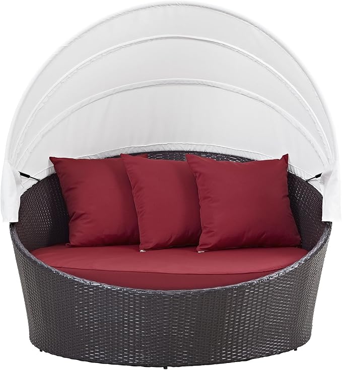 Modway Convene Wicker Rattan Outdoor Patio Retractable Canopy Round Poolside Sofa Daybed in Espresso Red