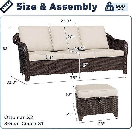 3 Pieces Patio sectional Sofa Set, Outdoor Conversation Furniture Set, 78" 3-Seat Couch with 2 Ottomans, 47" Metal Coffee Table, Rattan Wicker Sofa with Washable Cushions (Beige)