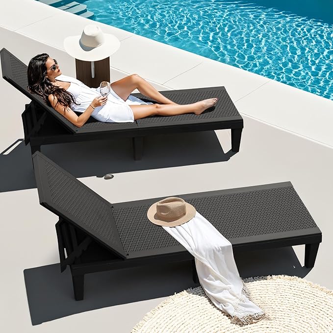 JUMMICO Patio Chaise Lounge Chair Set of 4 Outdoor PE Waterproof Adjustable Easy Assembly Lounge Chairs for Outside Pool Garden Deck Beach (Black, Set of 4)
