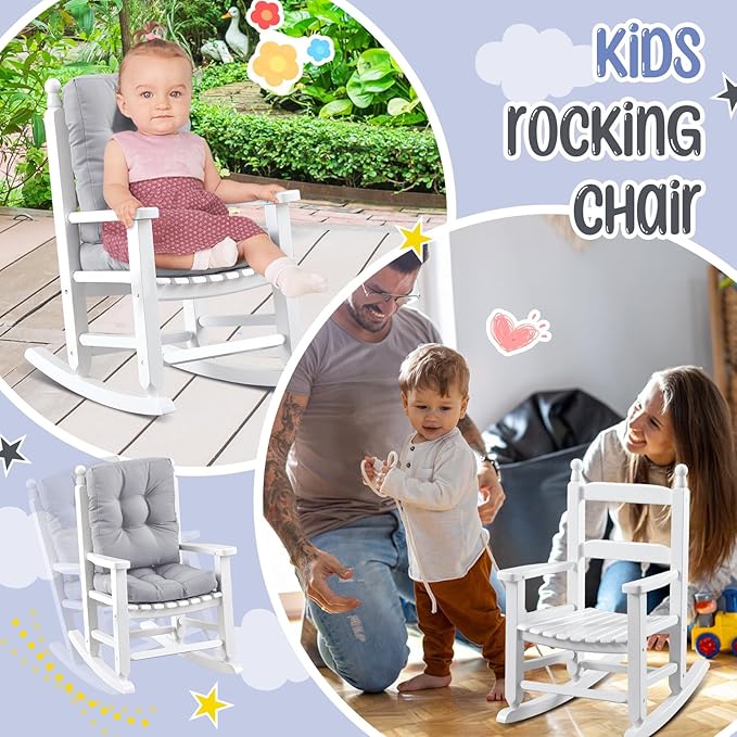 Kids Rocking Chair Cushion Pad Set Toddler Rocking Chair Indoor Outdoor Wooden Rocker Child Patio Rocker for Porch Balcony Lawn Indoor Outdoor(White,Ages 2-5)
