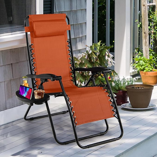 Goplus Zero Gravity Lounge Chairs, 160°Adjustable Folding Recliner w/Pillow and Cup Holder, 350LBS Comfy Outdoor Lounge Chairs for Patio, Lawn, Yard & Camp(1, Orange)