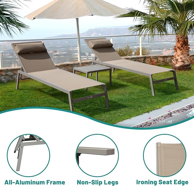Domi Outdoor Lounge Chairs Set of 3, Upgraded Aluminum Chaise Lounge Chair with 5 Adjustable Positions, Patio Lounge Chair for Pool, Deck, Lawn, Garden, 2 Pool Chairs and 1 Side Table, Khaki