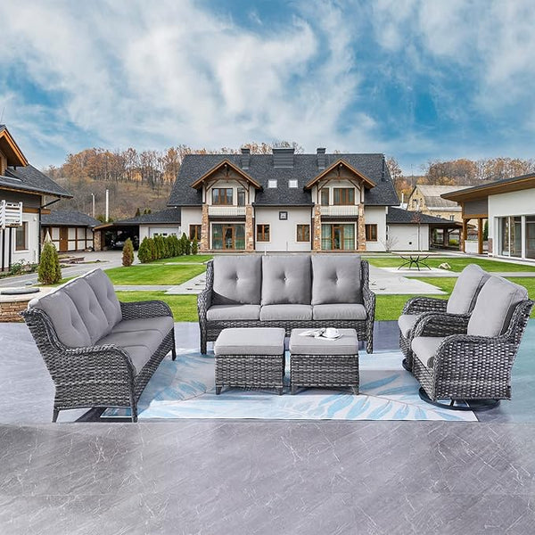 Rilyson Wicker Patio Furniture Set - 6 Piece Rattan Outdoor Sectional Conversation Sets with 2 Rocking Swivel Chairs - Photo 1