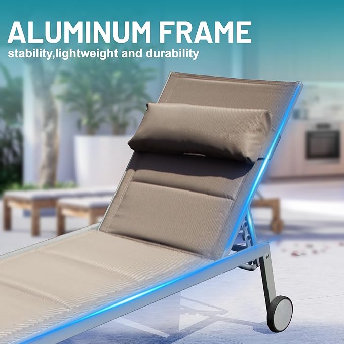 Domi Patio Chaise Lounge Set of 3, Outdoor Lounge Chair, Aluminum Textilene Padded 5 Position Pool Lounger, Stackable Lounge Chair w/Headrest, Wheels, Side Table, for Beach Backyard Lawn, Khaki