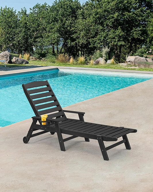 HDPE Outdoor Chaise Lounge, 78.4'' Poly Lounge Chair with Rolling Wheels & Cup Holder, 5 Positions Adjustable Outdoor Lounger, HDPE Patio Chaise Lounge Chair for Pool, Backyard, Obsidian