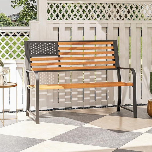 Giantex Outdoor Bench, 2-Person Metal Garden Bench with American Flag Backrest, Curved Armrests & Slatted Seat, 660 Lbs Capacity, Outdoor Bench for Lawn, Porch, Yard, Park Bench